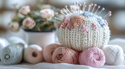 A pincushion adorned with intricate patterns of pins and a collection of knitting yarns in soothing shades rest harmoniously on a pristine white table