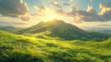 A picturesque scene unfolds as a small mountain covered in verdant grass shimmers under the golden rays of the sun, painting the landscape with a palette of natural beauty.