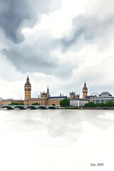 Obraz premium London skyline, Houses of Parliament, Big Ben, cloudy sky, river reflection.