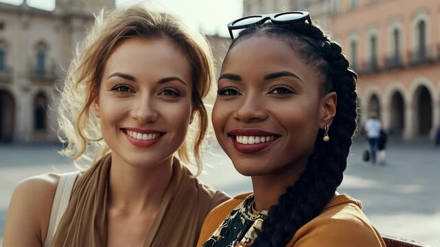 Two women smile brightly together, showcasing friendship and happiness in a lively urban outdoor setting
