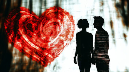 Obraz premium Couple holding hands with red painted heart celebrating valentine's day