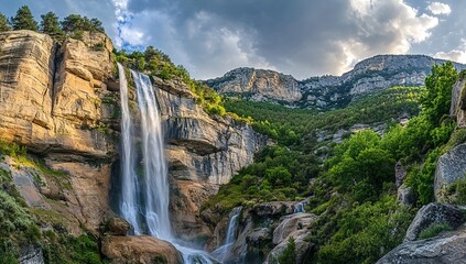 Obraz premium A majestic waterfall cascades down the side of an ancient mountain, surrounded by lush greenery and towering cliffs. 