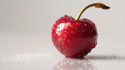a plump cherry with a nearby cherry stem on a white surface