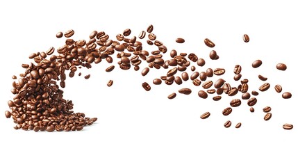 A burst of coffee beans flying through the air with dynamic lighting