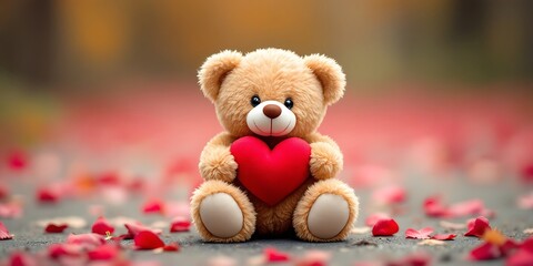 Fototapeta premium Adorable Teddy Bear Holding Red Heart Romantic Valentine Image
