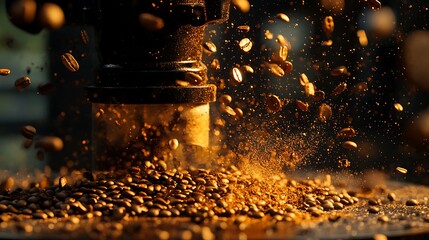 Coffee beans scattering from a grinder with motion and energy
