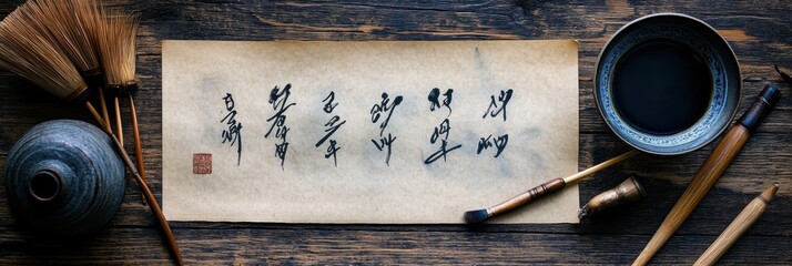 Chinese calligraphy on parchment surrounded by traditional tools and inkwell on wooden desk. Generative AI