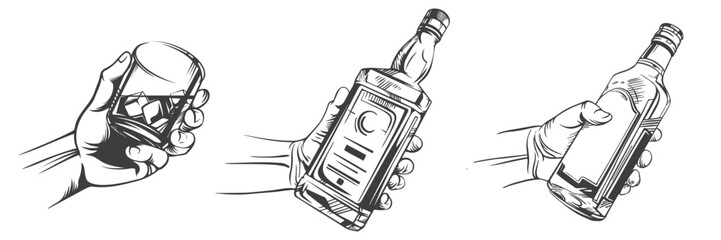 Set of retro male hand holding glass whiskey with ice and bottle of scotch whisky or brandy. Vector illustration. Hand drawn design element. For logo design, patches, stickers