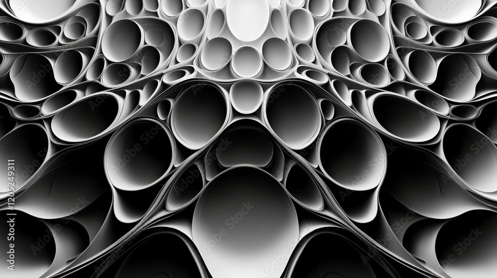 Poster abstract monochrome design with swirling curves and circular shapes in black and white