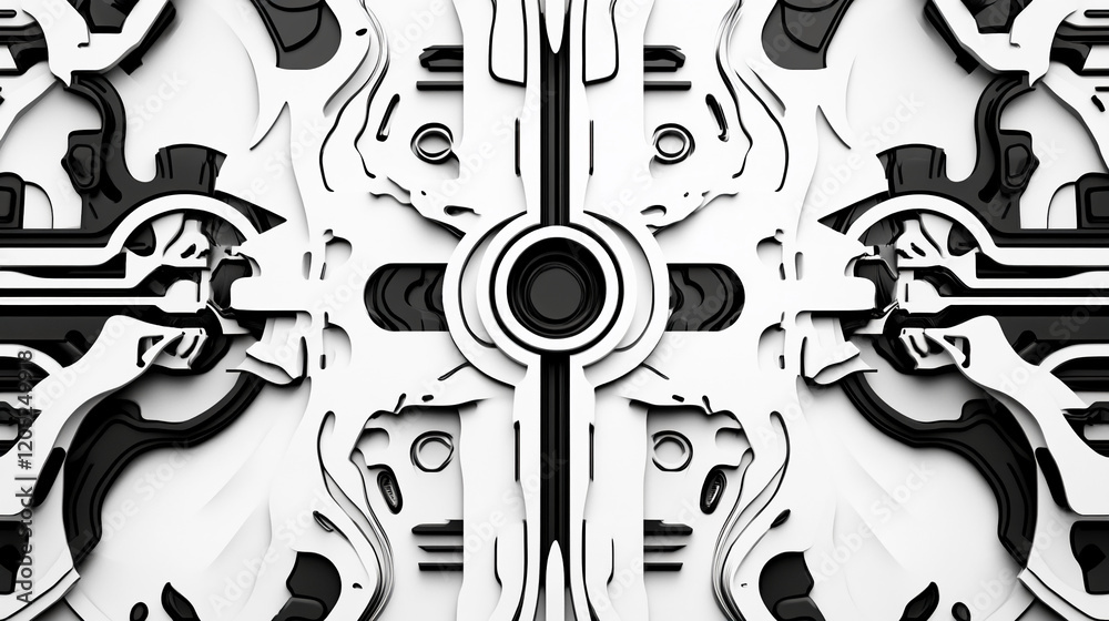 Poster Abstract black and white paper design with intricate curved lines and patterns in modern art style