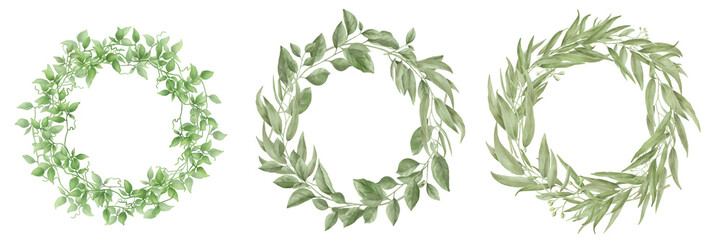 Ivy wreaths, willow branches and twigs with green leaves in set. Watercolor digital illustration. Round frame of branches and leaves isolated on white background. Easter, spring and holiday theme