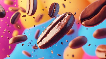 A lively burst of coffee beans flying in mid-air with a vibrant backdrop