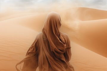 A woman in a flowing dress standing in sand dunes, creating a whirling sandstorm around her
