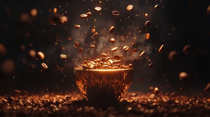 Dynamic coffee beans falling into a cup with steam and a warm glow