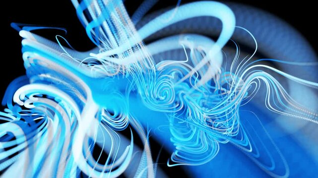 Hypnotic visual representation of neural network processing. Featuring a soothing blue color palette and abstract patterns created by rapidly moving light streaks.