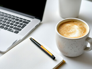 Enjoying coffee while working on a laptop in a cozy workspace setting