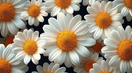 Fototapeta premium A vibrant close-up of white daisies with yellow centers blooming against a dark background