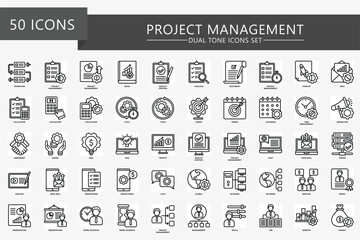 Project Management black outline icons set, contain data analysis, graph, finance, network, idea and more. use for modern concept, UI or UX kit, web and app. vector EPS 10 ready convert to SVG.