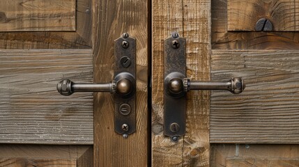 A rustic bronze door handle adds a touch of vintage charm to a wooden door, enhancing the rustic elegance and natural beauty of the room's decor.