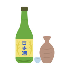日本酒の瓶と徳利とおちょこ。フラットなベクターイラスト。
Japanese sake bottle, tokkuri and ochoko. Flat vector illustration.