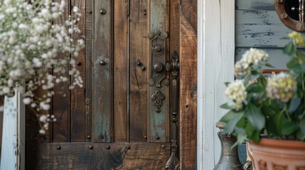 A rustic bronze door handle adds a touch of vintage charm to a wooden door, enhancing the rustic elegance and natural beauty of the room's decor.