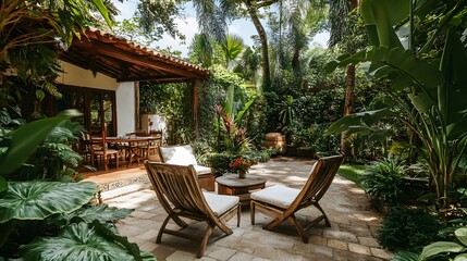 Obraz premium Tranquil Patio Oasis Lush Tropical Garden Setting