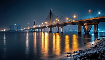 Fototapeta premium A stunning photograph of the Shenzhen Haitong Bridge, illuminated under dramatic lighting at night with city lights in the background.
