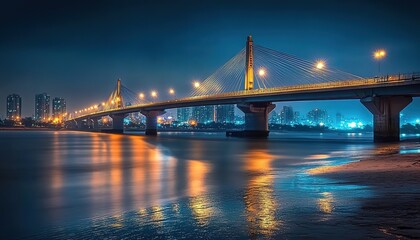 Fototapeta premium A stunning photograph of the Shenzhen Haitong Bridge, illuminated under dramatic lighting at night with city lights in the background.
