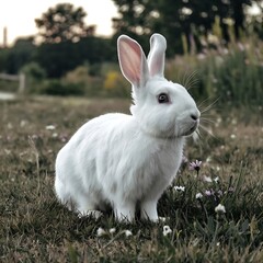 Fototapeta premium A photo of a white rabbit sitting in a lush green field with a blurred background of trees. The rabbit is looking to the right and is wearing a pink bowtie. The ground is covered with yellow flowers.