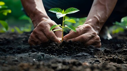 Two hands of the men were holding seedling to be planted
