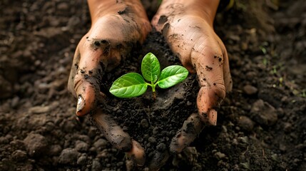 Two hands of the men were holding seedling to be planted