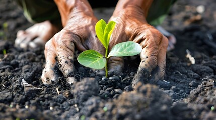 Two hands of the men were holding seedling to be planted