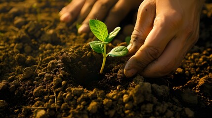 Two hands of the men were holding seedling to be planted