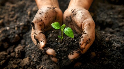 Two hands of the men were holding seedling to be planted