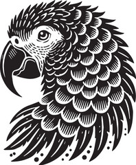 Black Color African Grey Parrot Silhouette Vector Illustration, Solid White Background. minimal vector design