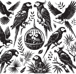 Black Color African Grey Parrot Silhouette Vector Illustration, Solid White Background. minimal vector design