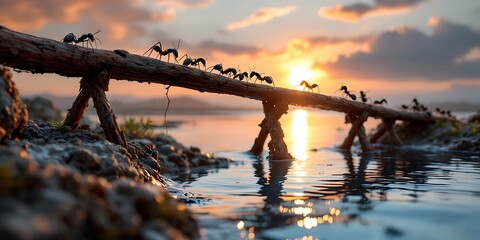 Naklejka premium Ants Crossing Sunset Lake Bridge Nature Photography