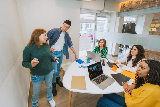 A diverse group of young professionals listens to a colleague presenting a project on a whiteboard in a coworking space. Collaborative and strategic environment.