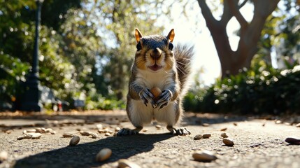 Fototapeta premium Close-up of a cute squirrel holding a nut on a park path.