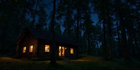 Cozy Log Cabin in Dark Forest at Night