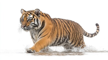 Fototapeta premium A tiger splashes through water, showcasing its strength and beauty in a dynamic pose.