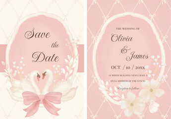 Set of wedding invitation card vintage soft pink with swan and floral wreath © betcha