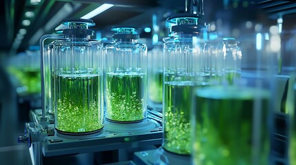 A row of glass cylinders containing a green liquid in a laboratory setting