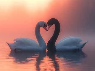 Fototapeta premium black and white swans creating heart shape at dawn on misty lake