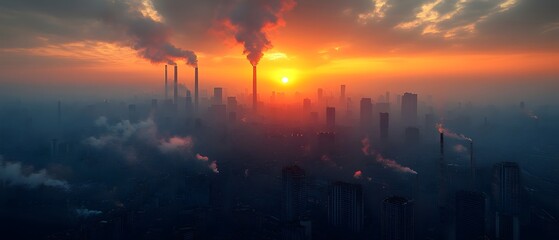 industrial skyline at sunset with smoky factory chimneys. air pollution and environmental impact