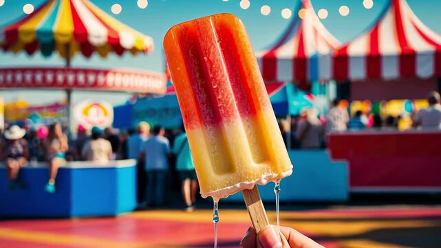 Colorful popsicle held at carnival, vibrant tents in background, joyful people enjoying summer festivity