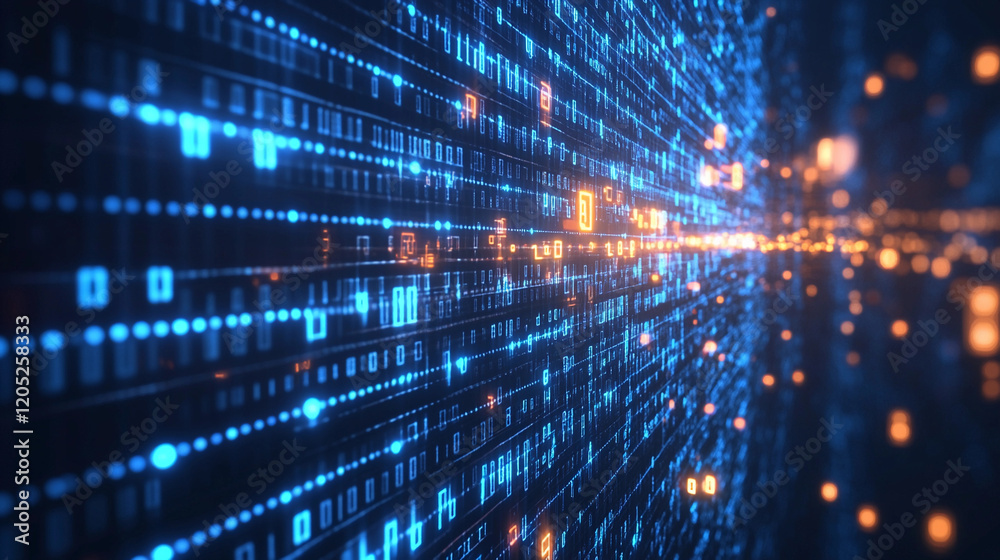 Poster digital landscape with flowing binary code and glowing lights at night. generative ai