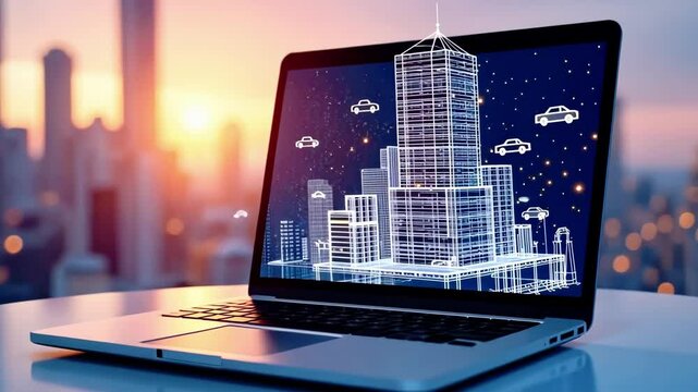 A laptop displays a futuristic building design with cars, set against a sunset skyline.