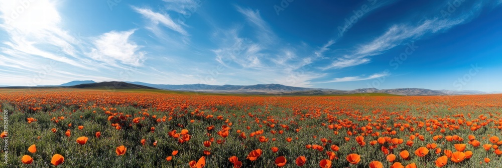Aufkleber vibrant poppy fields under a clear blue sky in the hills during springtime. generative ai