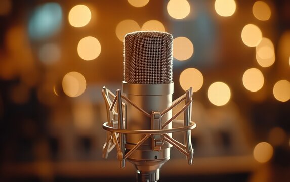 Capture the perfect sound! A sleek condenser microphone in a warm, inviting recording studio, ready for action.